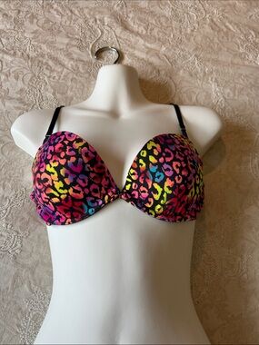 NWT Victoria's Secret PINK Neon Rainbow Leopard Demi T-Shirt Bra - 36B